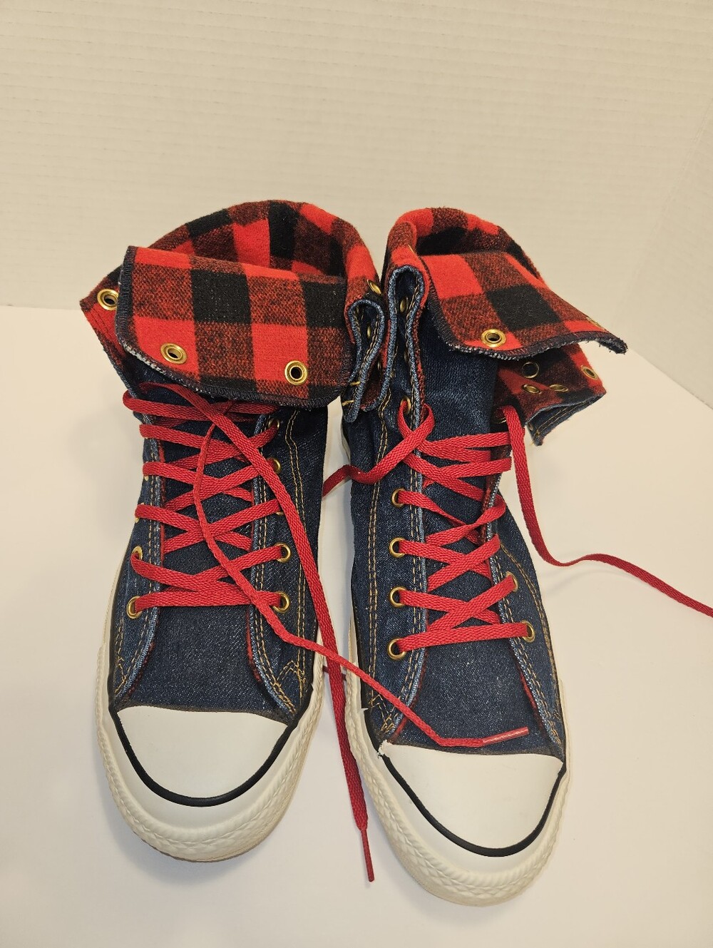 Converse Vintage XXHI Fold Down Denim Plaid All Star High Top Sneakers Sz 8 1/2 - Picture 2 of 8